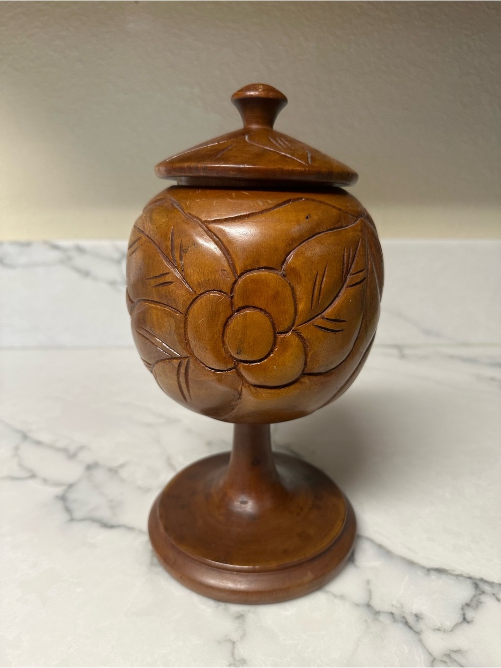 vintage hand-carved wooden lidded urn or pedestal jar,